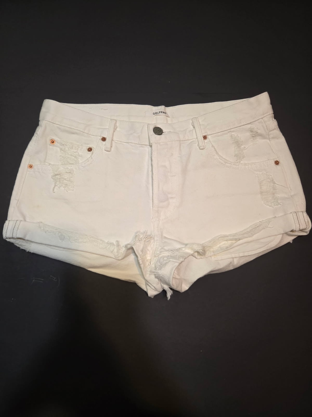 GRLFRND White Low-Rise Distressed Denim Shorts